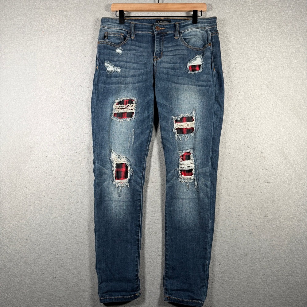 Judy Blue Skinny Fit Jeans Distressed Plaid Patch Denim Women's Size 13 31